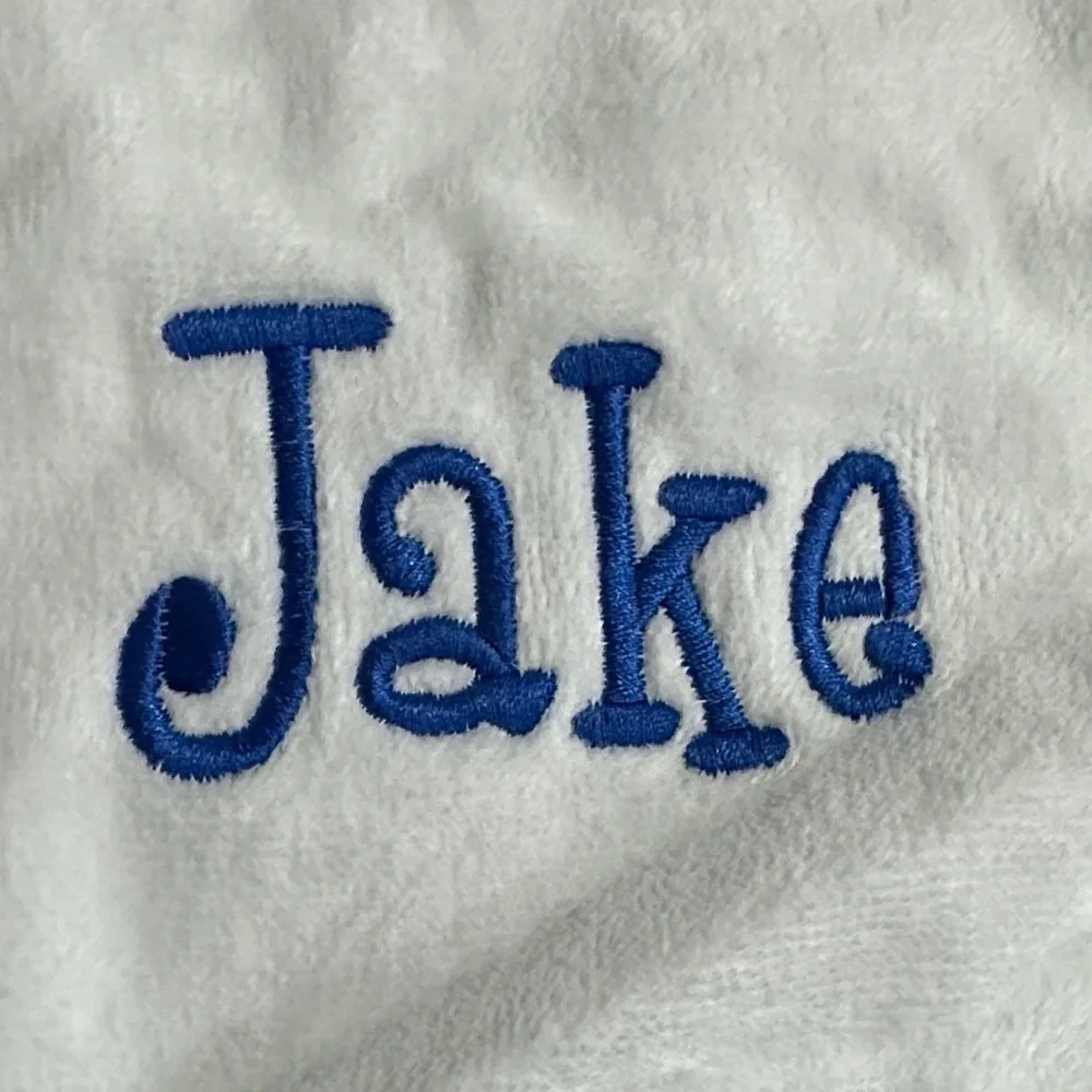 NEW “Jake” Monogrammed White Baby Bib with Blue Embroidery